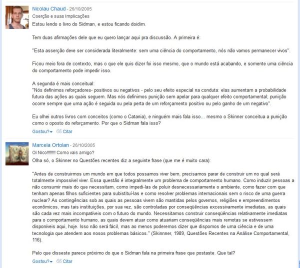 Nicolau Chaud e Marcela Ortolan dialogam e uma postagem sobre trechos da obra de Murray Sidman.